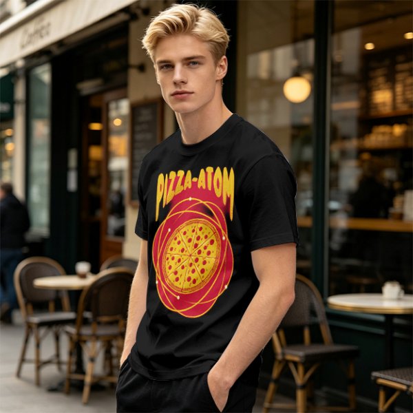 Olive green graphic t-shirt with pizza atom design