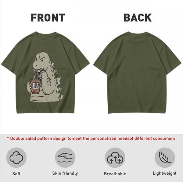 Olive T-Shirt Featuring Godzilla Eating Ramen
