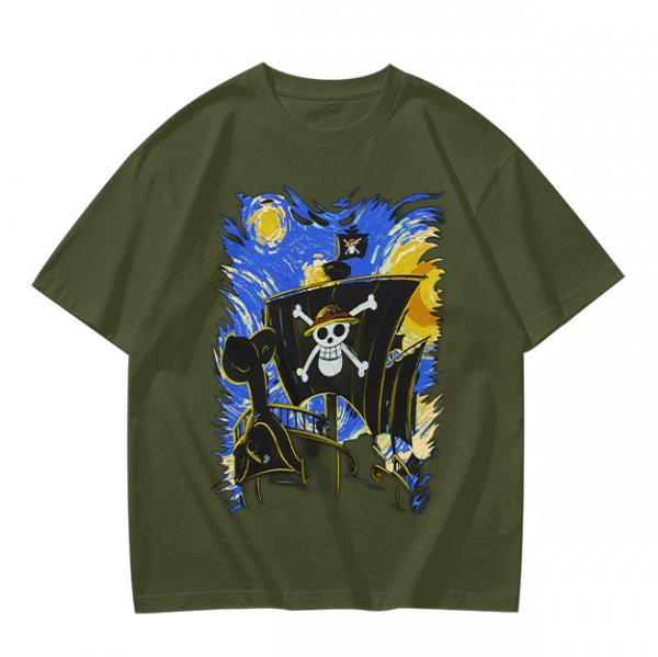 Olive T-Shirt With One Piece Straw Hat Pirate Ship Artwork