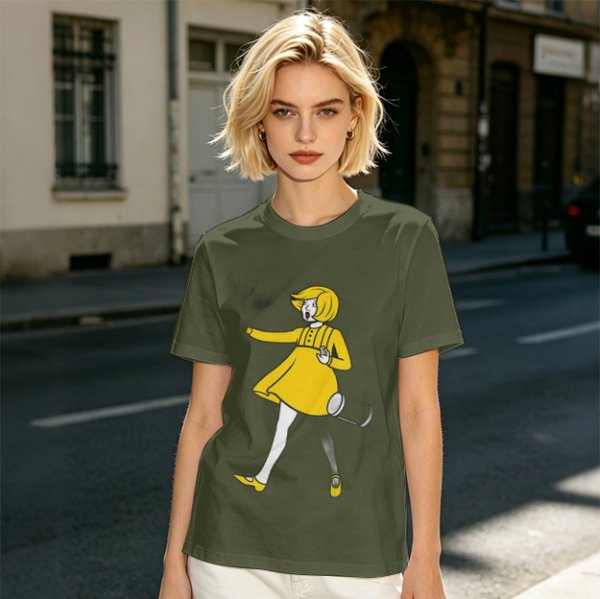 Olive Green T-Shirt With Whimsical Yellow Girl Graphic Print