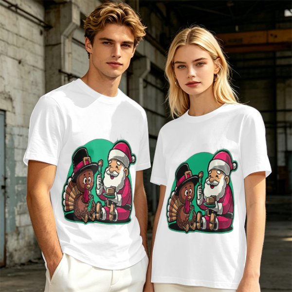 Olive T-Shirt with Santa and Thanksgiving Turkey Graphic