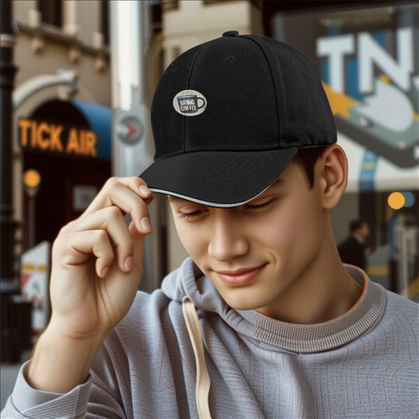 Black baseball cap with Bring Coffee mug graphic design
