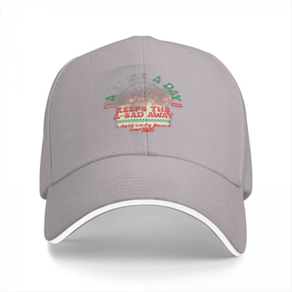 Black baseball cap with 'Keeps The A-Sad Away' graphic print