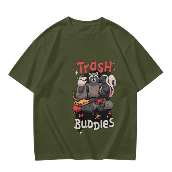 Olive green t-shirt with Trash Buddies raccoon possum and skunk graphic