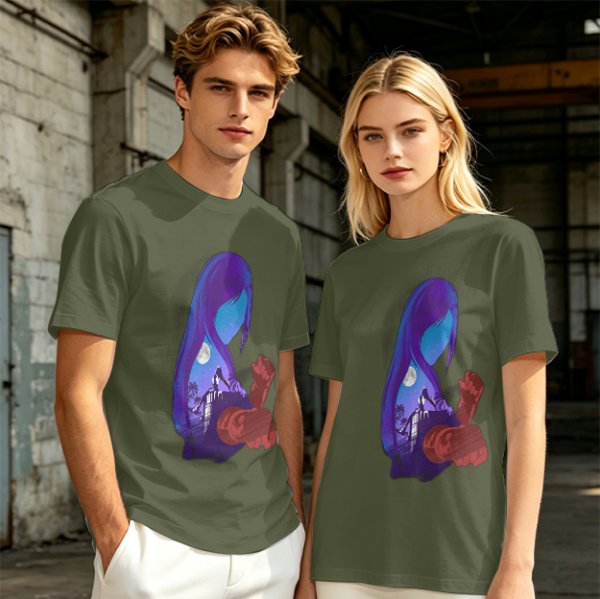 Olive T-Shirt With Purple Haired Figure Night Scene Print