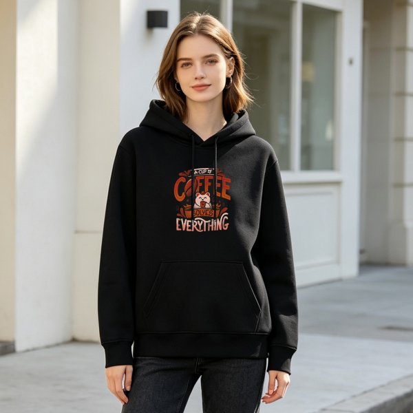 Black hoodie with coffee solves everything cute bear graphic