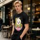 Owl-like character in ramen bowl graphic olive green t-shirt