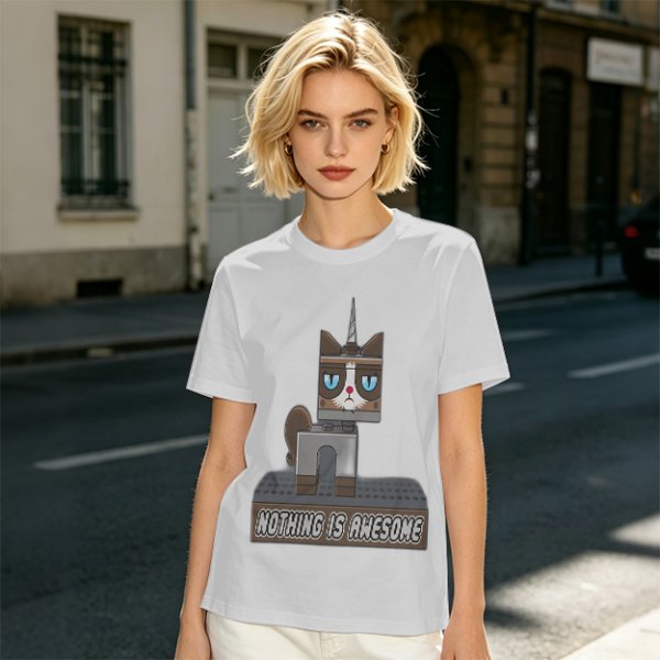 Olive T-Shirt with Grumpy Cat Lego Style 'Nothing Is Awesome' Print