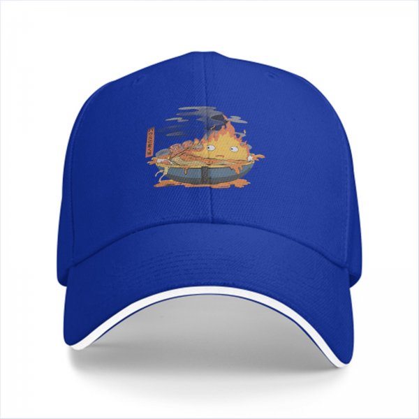 Black baseball cap with anime fire demon ramen bowl graphic