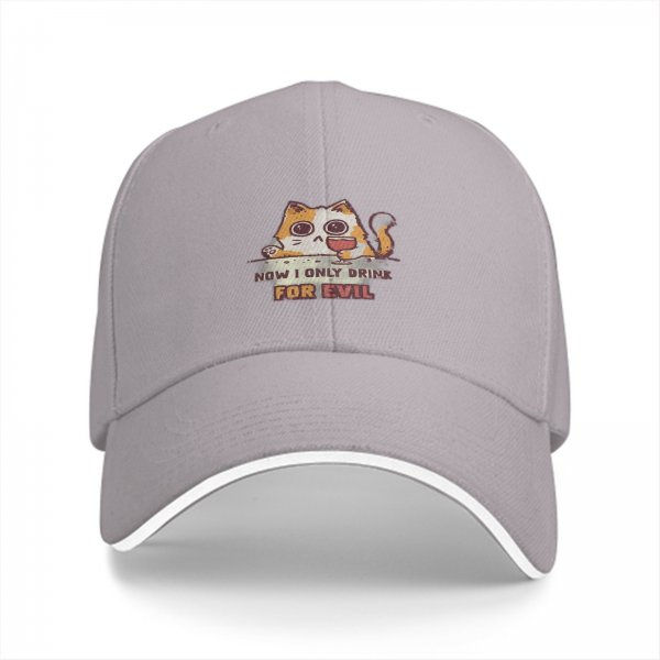 Black baseball cap with cat graphic and 'now i only drink for evil' text