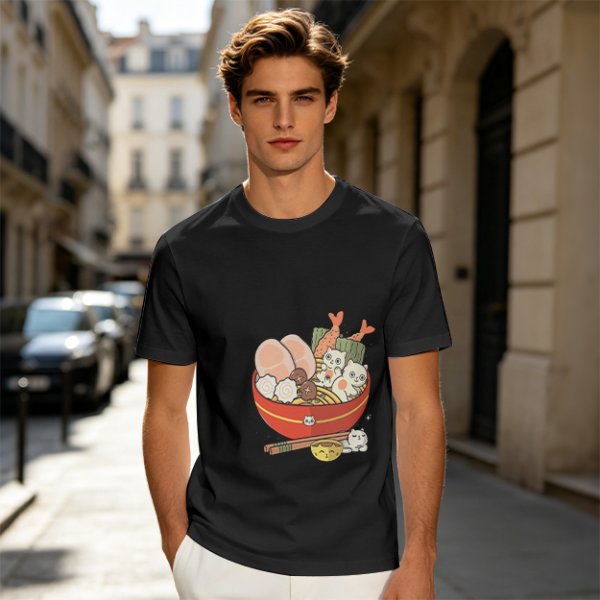 Olive T-Shirt With Cute Cat Ramen Bowl Graphic Print