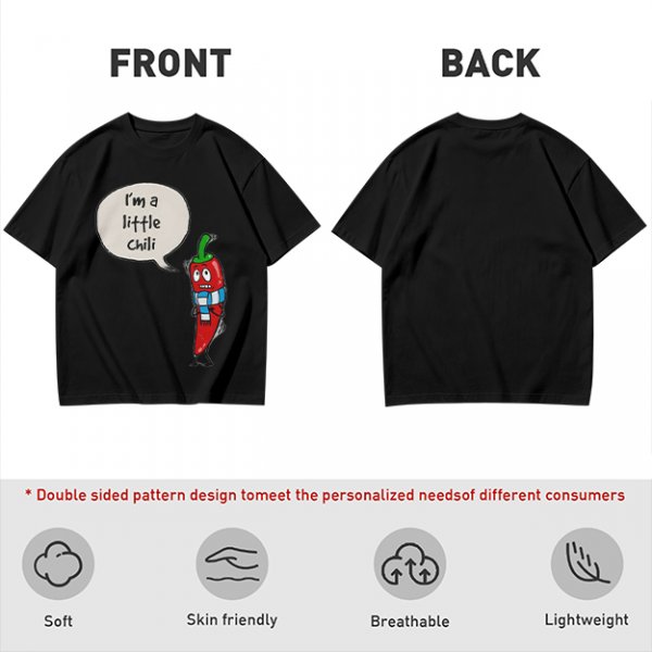 Olive green t-shirt with funny 'I'm a little chili' cartoon chili print