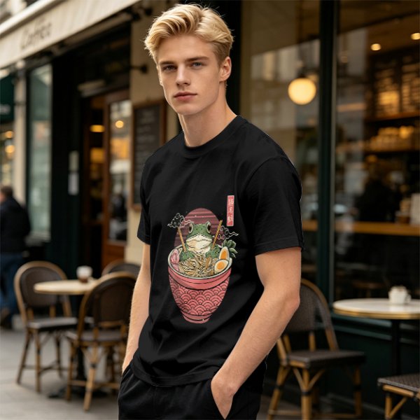 Olive T-Shirt With Frog In Ramen Bowl Japanese Art Print
