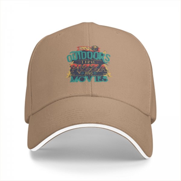 Black baseball cap with 'You Go Outdoors I Have Pizza And Movies' print