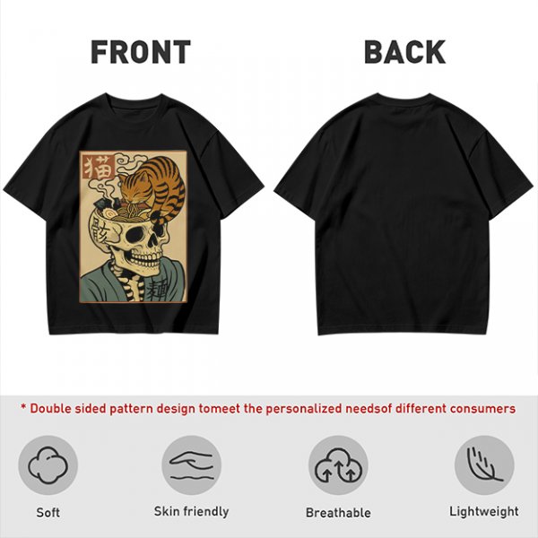 Olive t-shirt with a skull ramen bowl and a napping tabby cat print