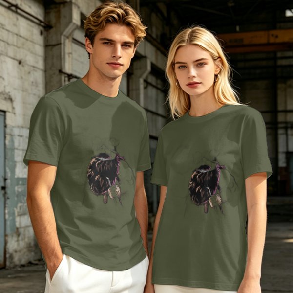 Olive green graphic t-shirt with dark fantasy creature print