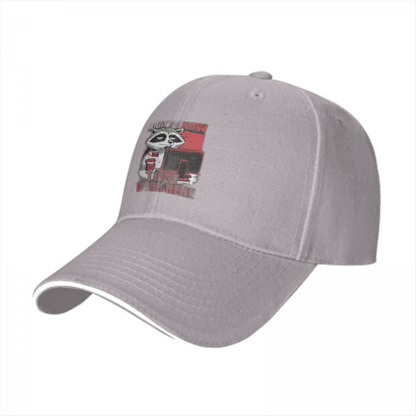 Black baseball cap with a tired raccoon office worker graphic