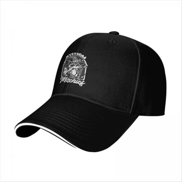 Black Baseball Cap with Mystical Mischief Raccoon Wizard Graphic