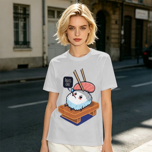 Olive T-Shirt With Sad Sushi Character Saying Thanks Chef Print