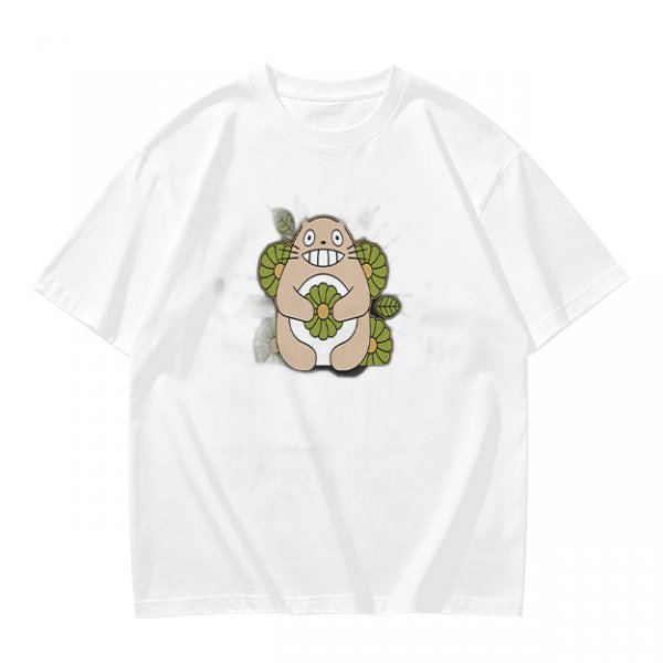 Olive Green T-Shirt With Cute Totoro And Leaf Print