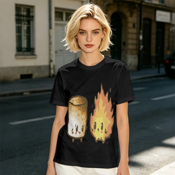 Olive T-Shirt With Cute Roasted Marshmallow And Fire Graphic