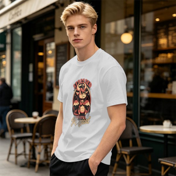 Olive graphic t-shirt with stressed but still magical dragon print