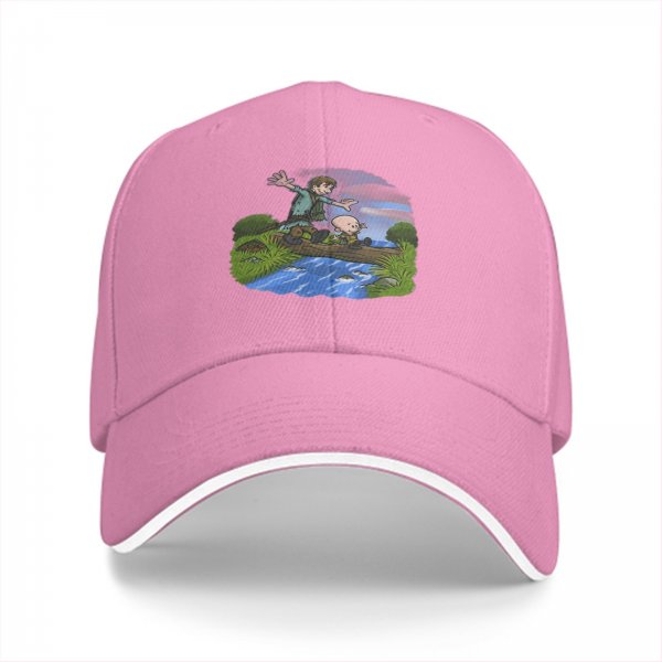 Black Baseball Cap With Cartoon Boys Crossing Stream Artwork