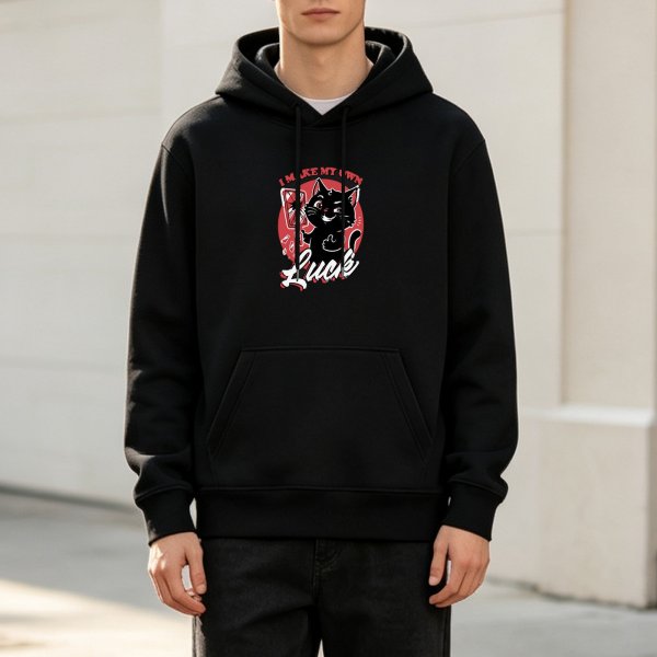 Black hoodie with 'I Make My Own Luck' black cat graphic