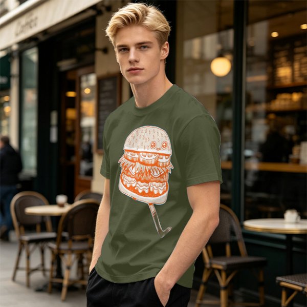Olive T-Shirt With Cute Cartoon Hamburger Print