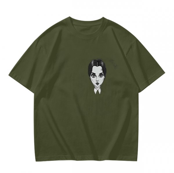 Oversized Olive T-Shirt With Wednesday Addams Portrait Print