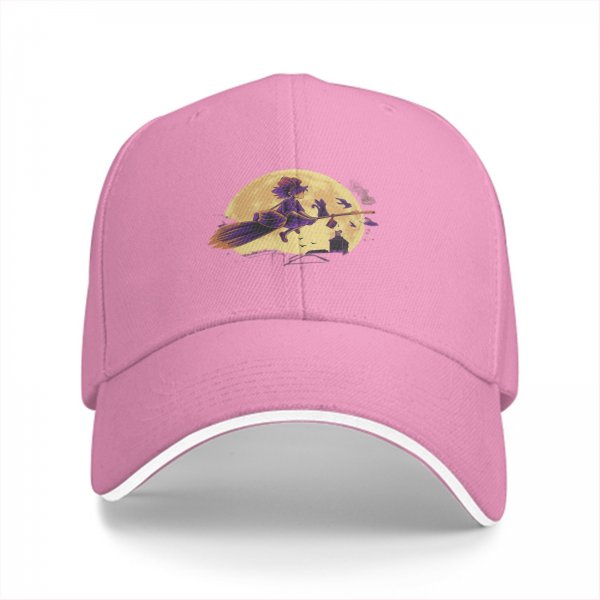 Black Baseball Cap With Witch Riding Broom Full Moon Halloween Art
