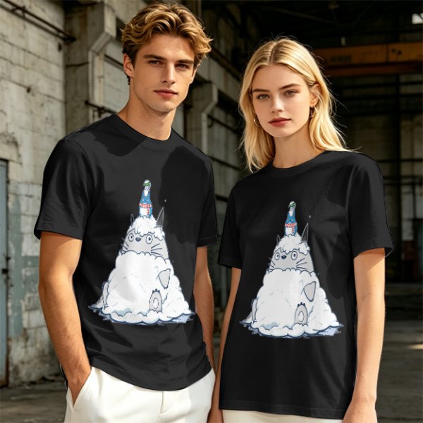 Olive T-shirt with Totoro in Snow and Small Blue Creature Print