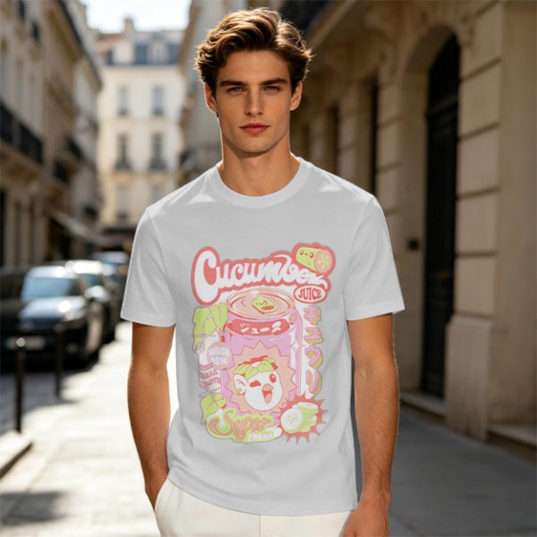 Olive green graphic t-shirt with cucumber juice themed print