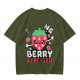 Olive graphic t-shirt with crying strawberry and 'berry stressed' text