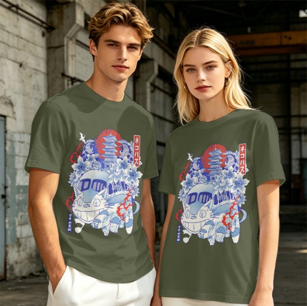 Olive green t-shirt with cat bus and Japanese traditional art print