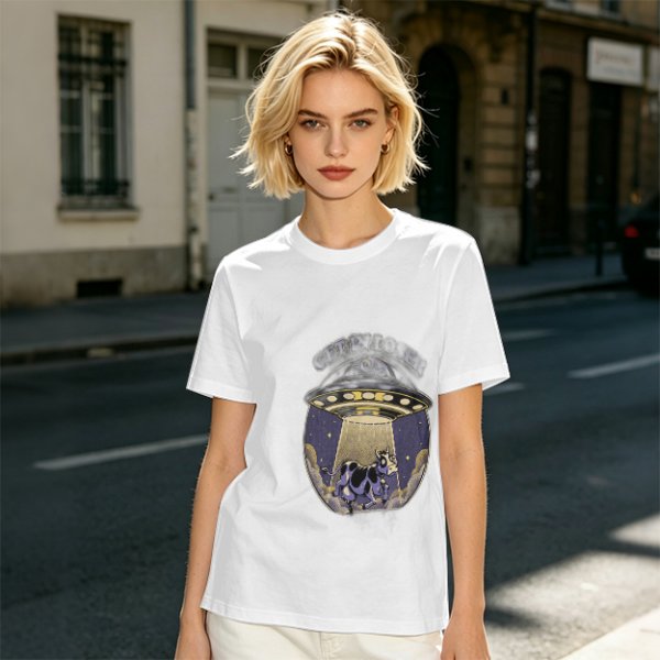 Olive Green T-Shirt with UFO Abducting Cow Graphic