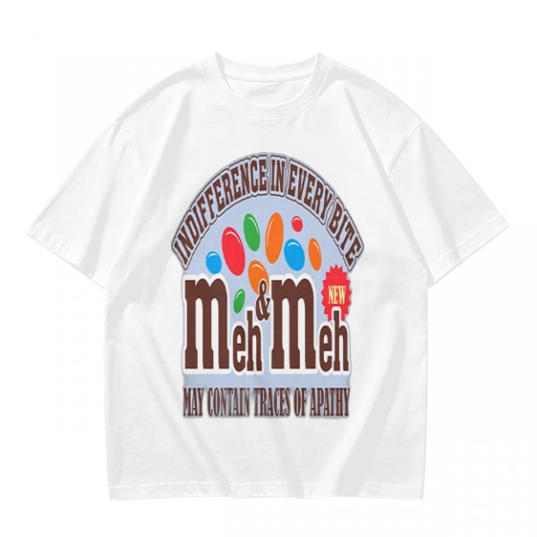 Meh and Meh novelty graphic t-shirt with indifference themed print