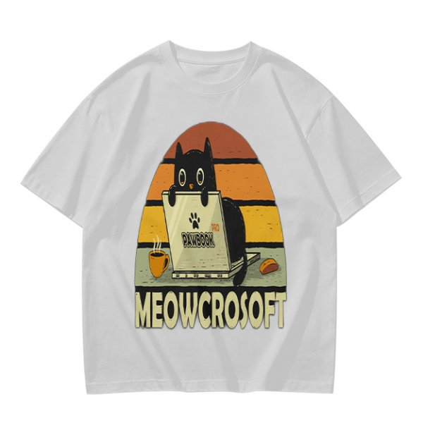 Olive t-shirt with black cat using laptop and Meowcrosoft text