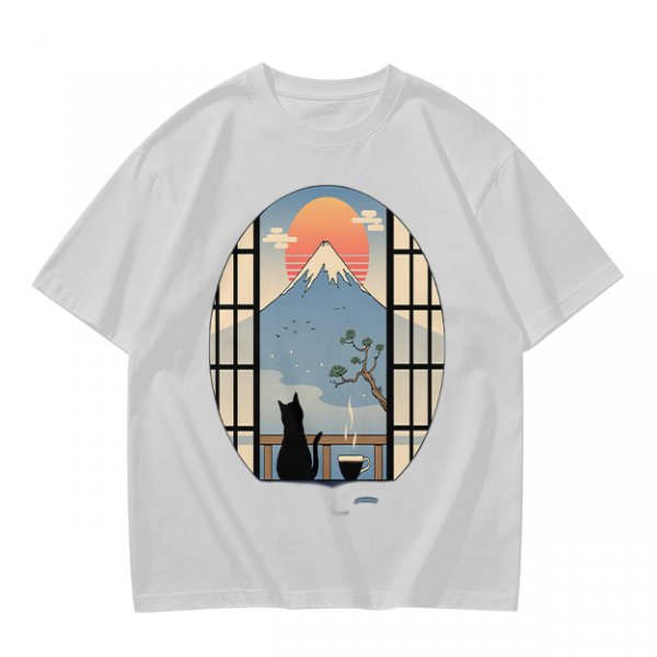 Olive T-shirt with Black Cat Viewing Mount Fuji Sunrise Art
