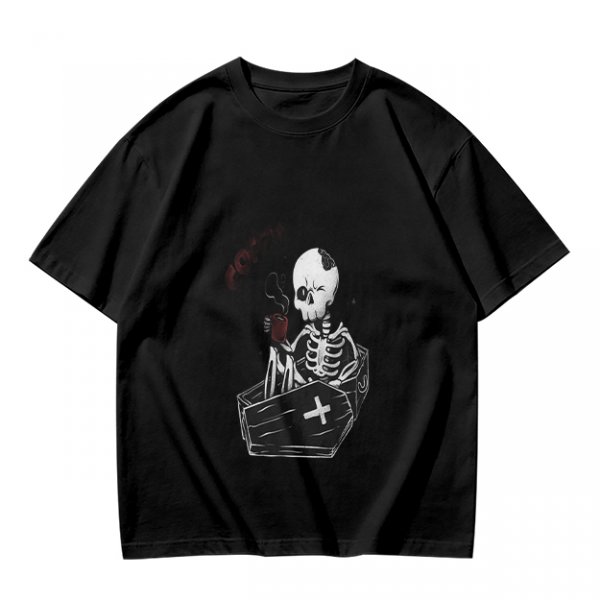 Olive T-shirt with Skeleton in Coffin Holding Coffee Print