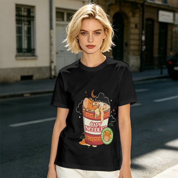 Olive T-Shirt with Capybara in Cup Noodle Graphic Print