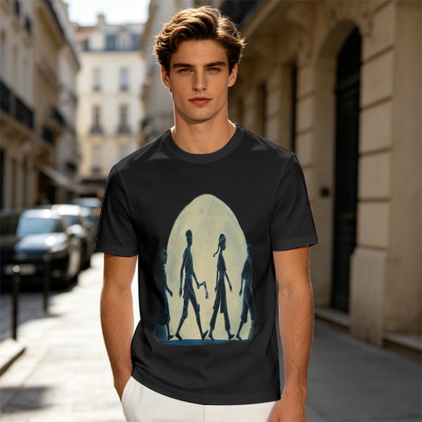 Olive T-shirt with Walking Silhouettes Under a Large Moon