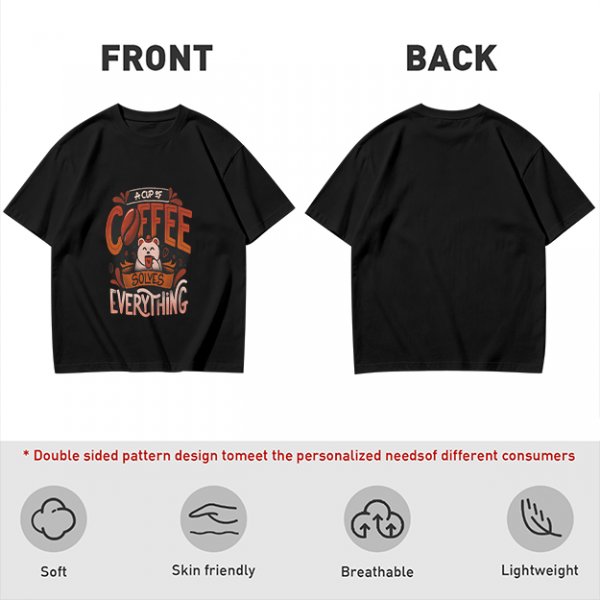 Olive t-shirt with coffee bear graphic that says a cup of coffee solves everything