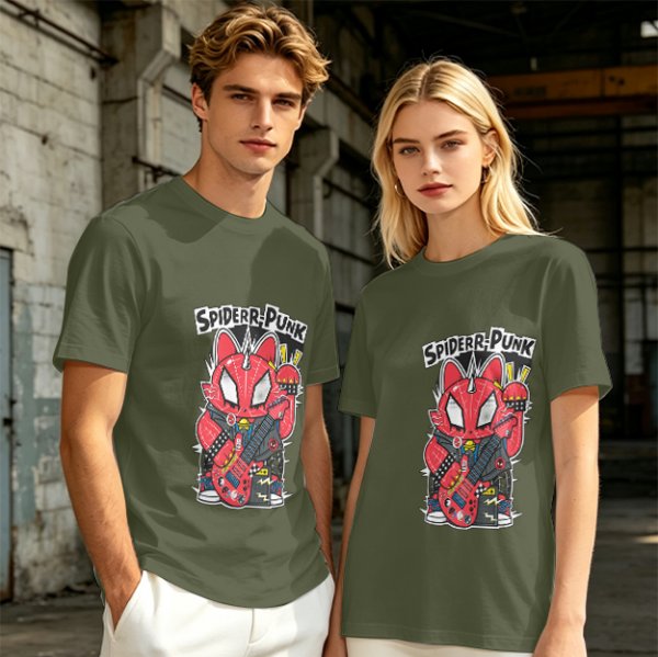 Olive T-shirt with Spider-Punk Cat Playing Guitar Graphic
