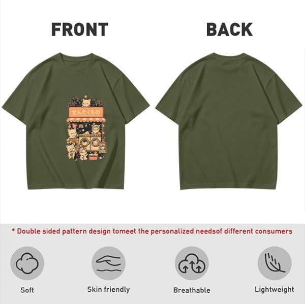 Olive T-Shirt With Cute Cats Doing Laundry Graphic