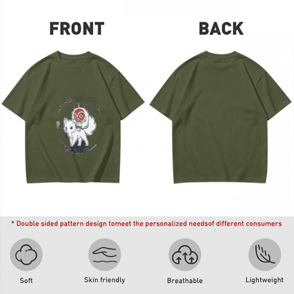 Olive T-Shirt With Chibi Princess Mononoke Wolf Rider Artwork