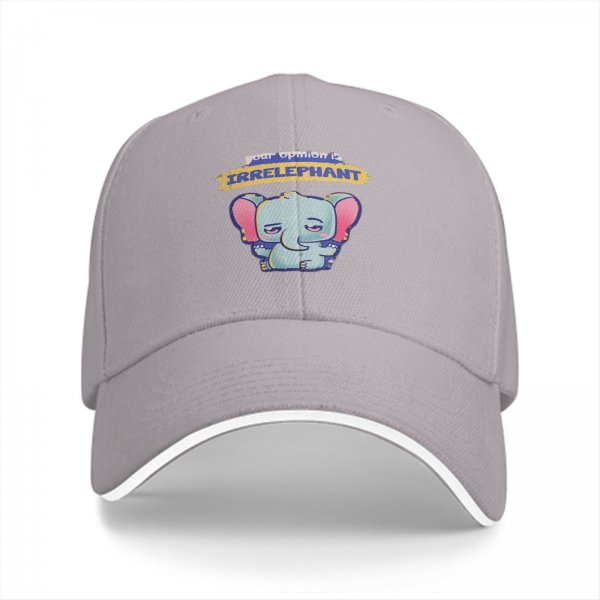 Black baseball cap with 'your opinion is irrelephant' cute elephant graphic