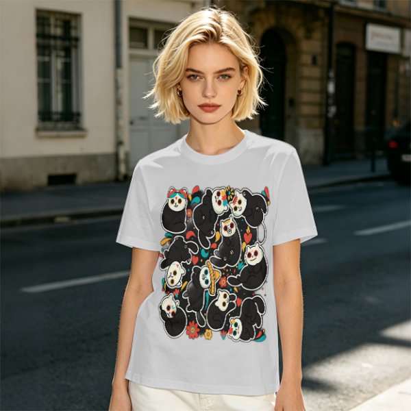 Olive T-Shirt With Day Of The Dead Cat Skull Graphic Print
