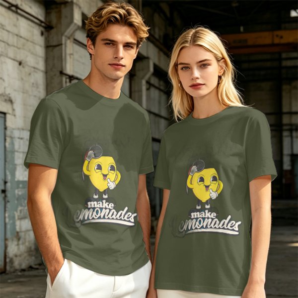 Olive green t-shirt with cheerful lemon mascot graphic and make lemonades text