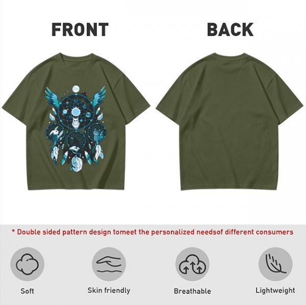 Olive T-Shirt With Celestial Dreamcatcher And Animal Artwork